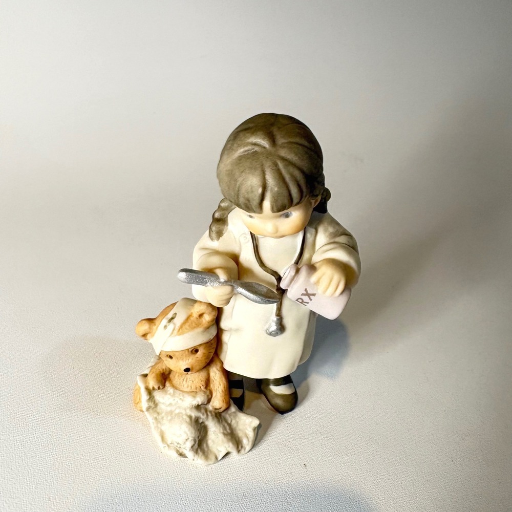 Vintage Girl Doctor Figurine with Teddy Bear Porcelain Ceramic Medical Decor